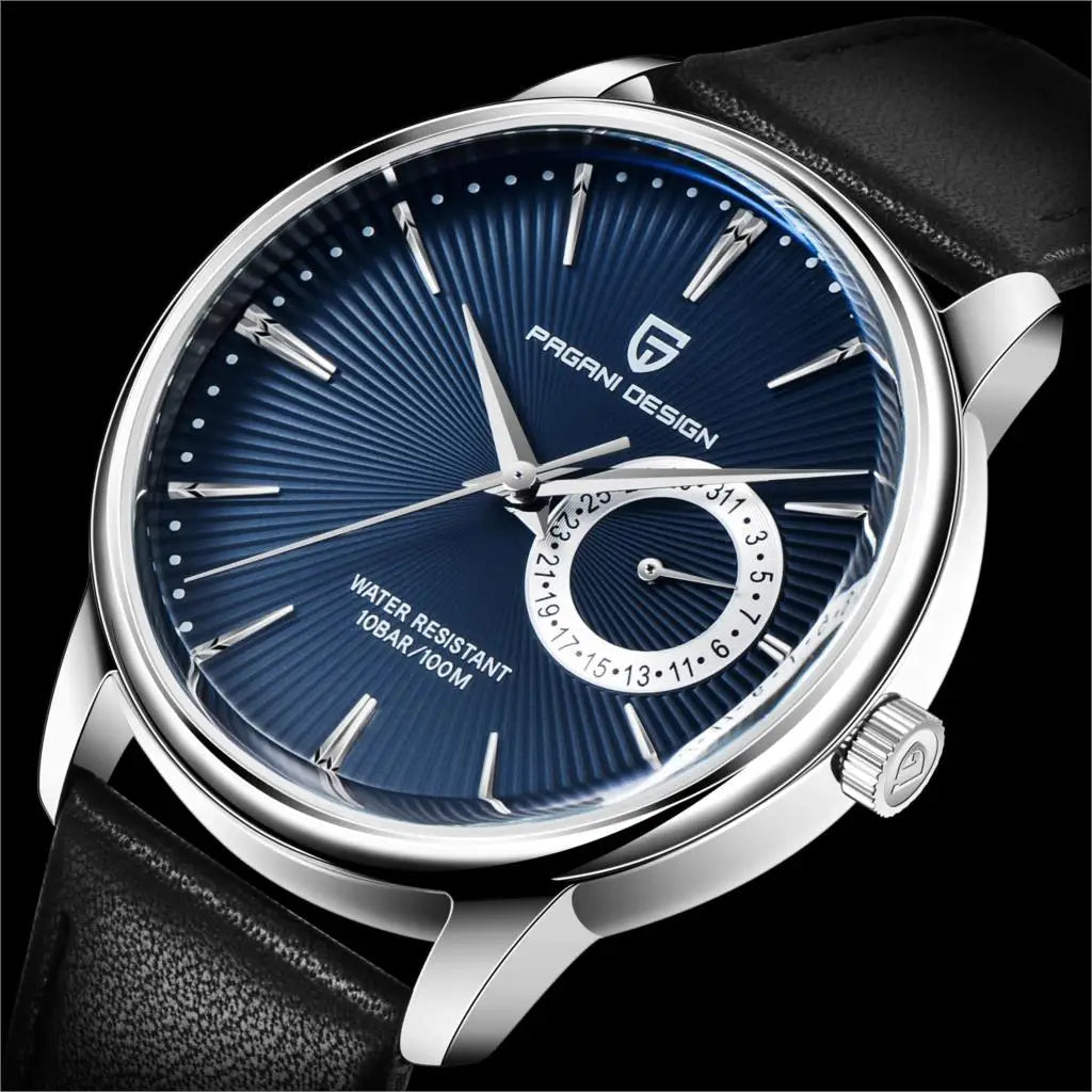 mens quartz dress watch with black leather strap and stainless steel case close up