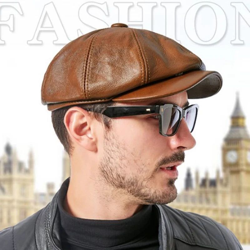 Genuine Cowhide Newsboy Cap - Octagonal Black Leather - Corletaria