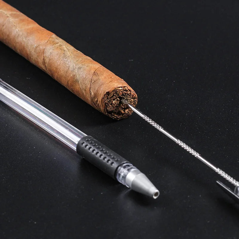 Two-piece cigar needle punch set in hard travel case with pens