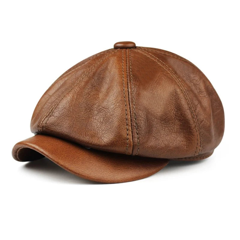 Genuine Cowhide Newsboy Cap - Octagonal Black Leather - Corletaria
