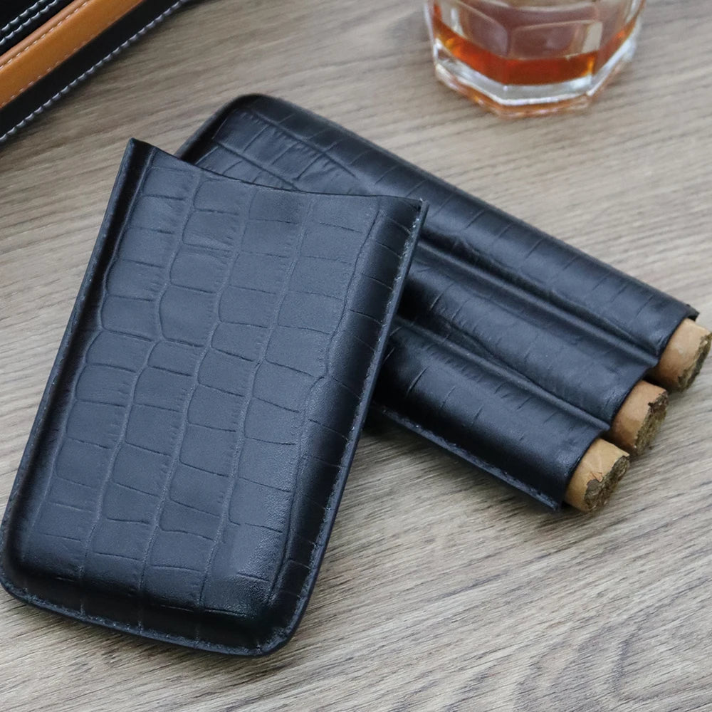 Side view showing slim 179×90×30 mm profile of 3-cigar case