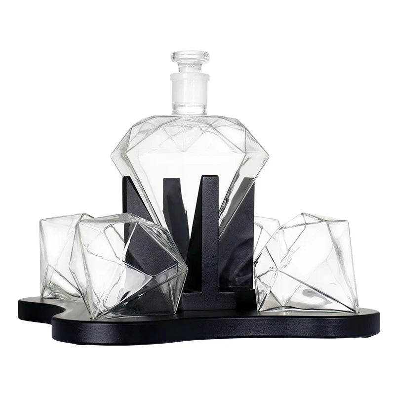 Diamond Whiskey Decanter Set - Lead Free Glass, Mahogany Stand - Corletaria