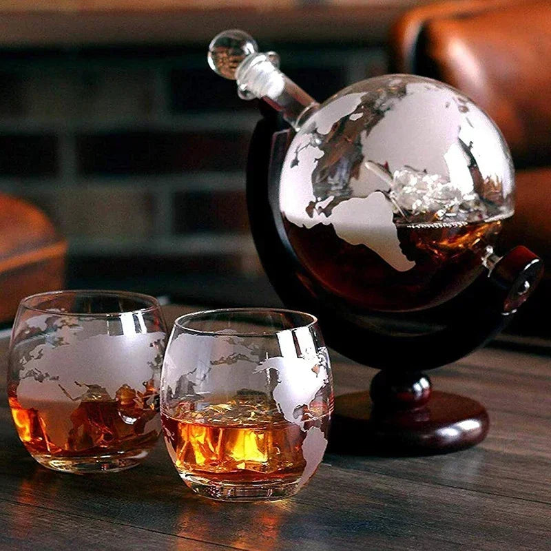 Globe Whiskey Decanter Set - Lead-Free, Mahogany Stand, 2 Etched Glasses
