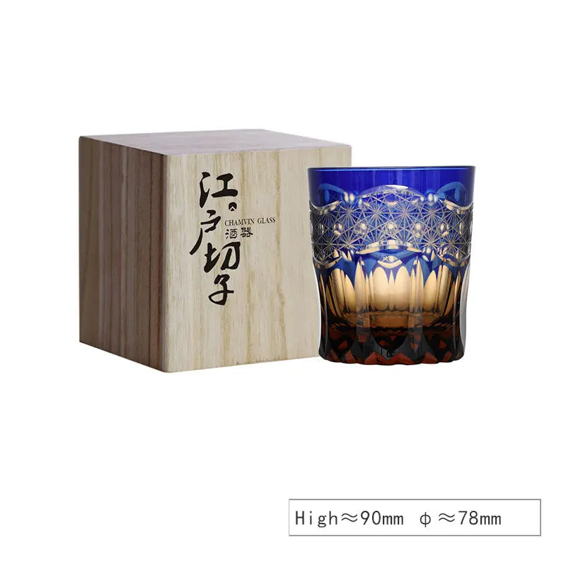 Chamvin “Edo Kiriko Stellar Pulse” Whiskey Glass – Hand-Carved Lead-Free Crystal, Thick Base, Wooden Gift Box (250 ml)