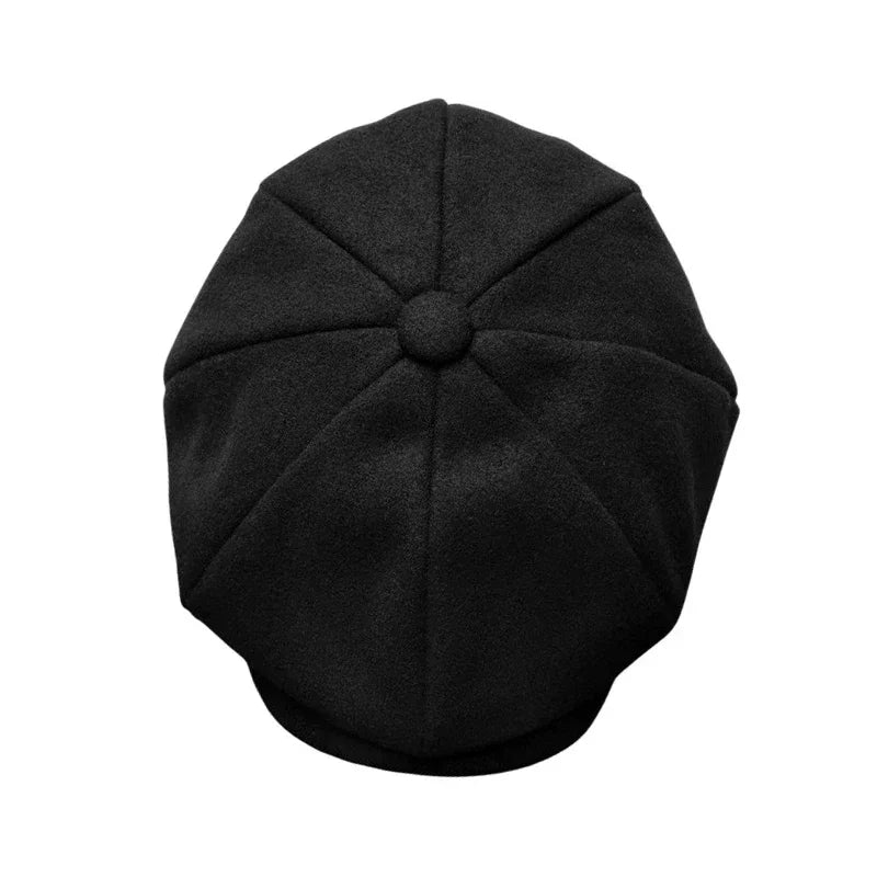 Wool Newsboy Cap - Black Eight Panel Flat Cap - Corletaria