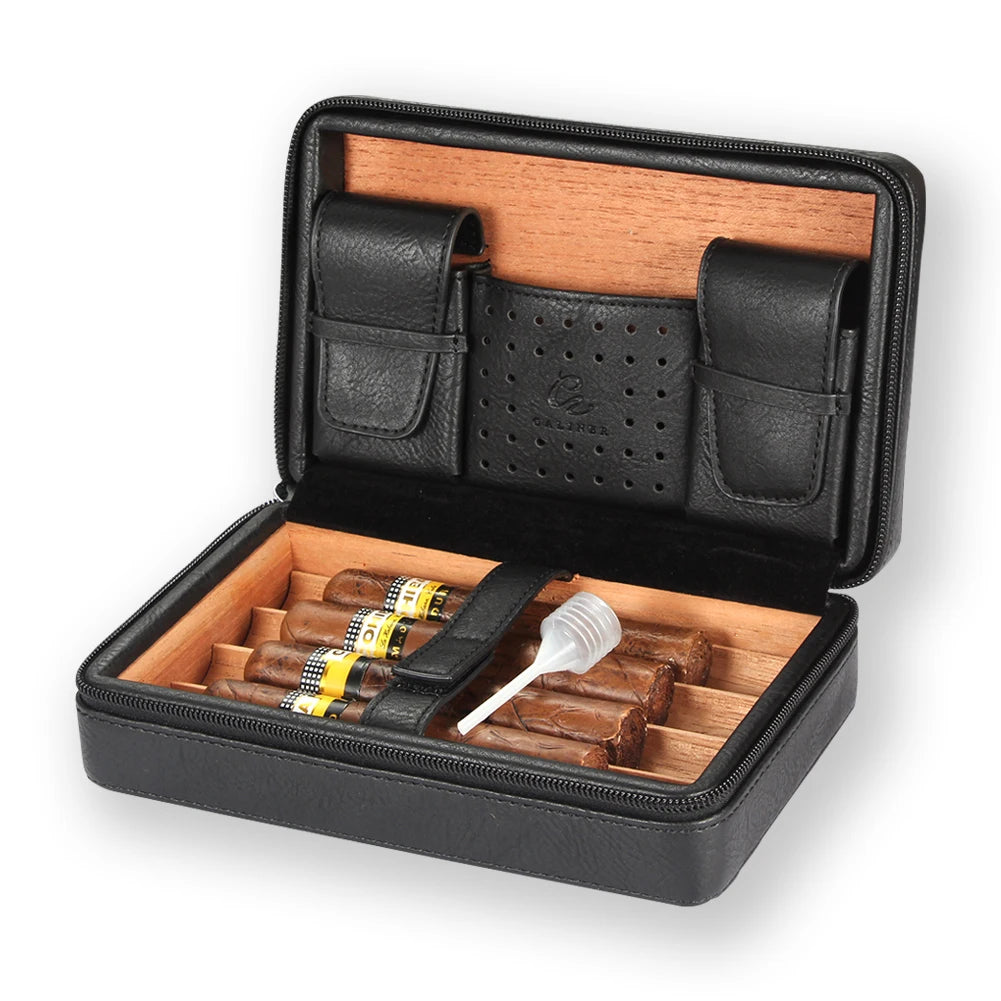 Accessory sleeves for lighter and cutter inside travel humidor detail