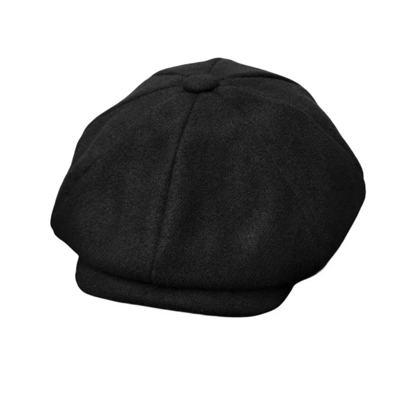 Wool Newsboy Cap - Black Eight Panel Flat Cap - Corletaria