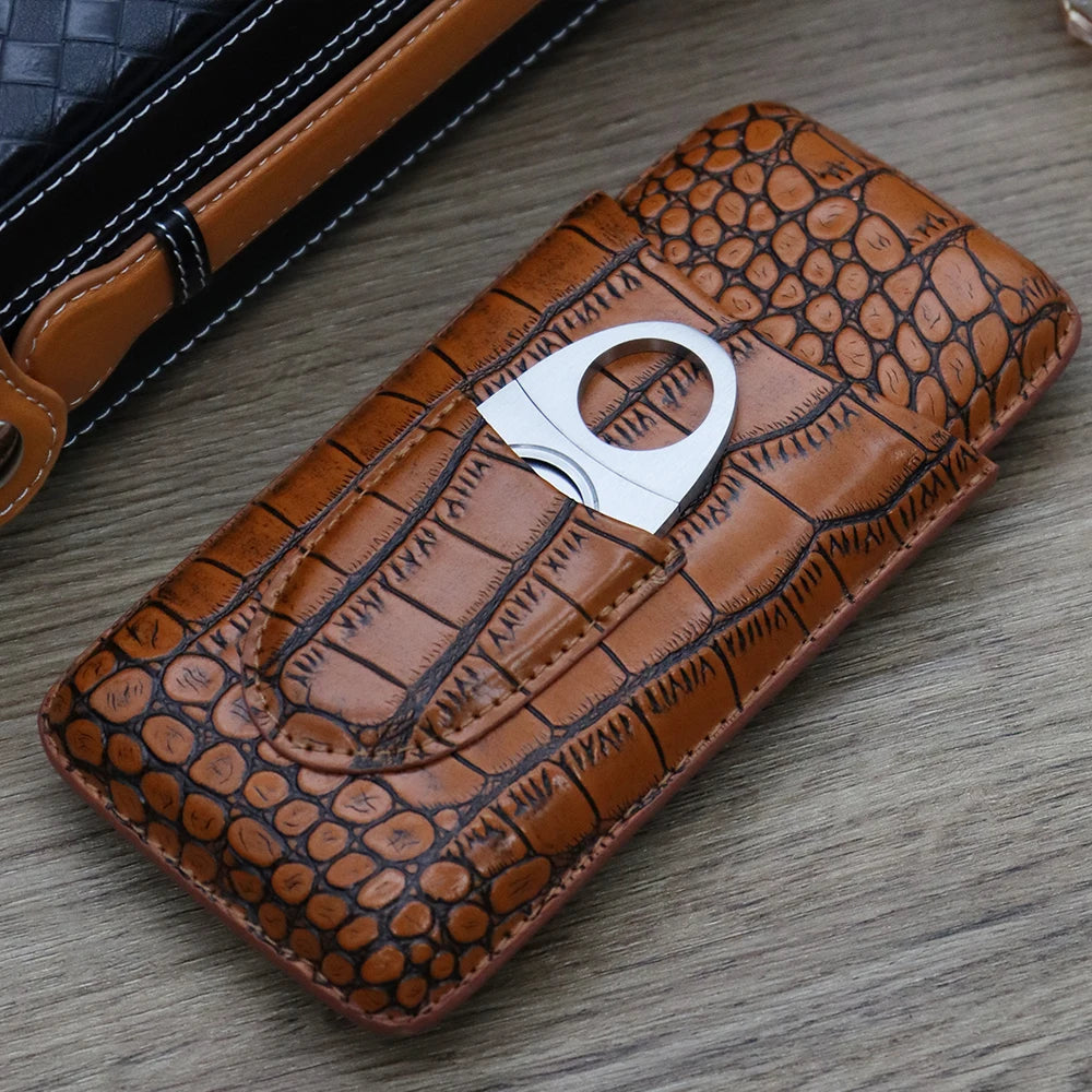 Close-up of guillotine cutter sliding into front pocket of leather cigar case