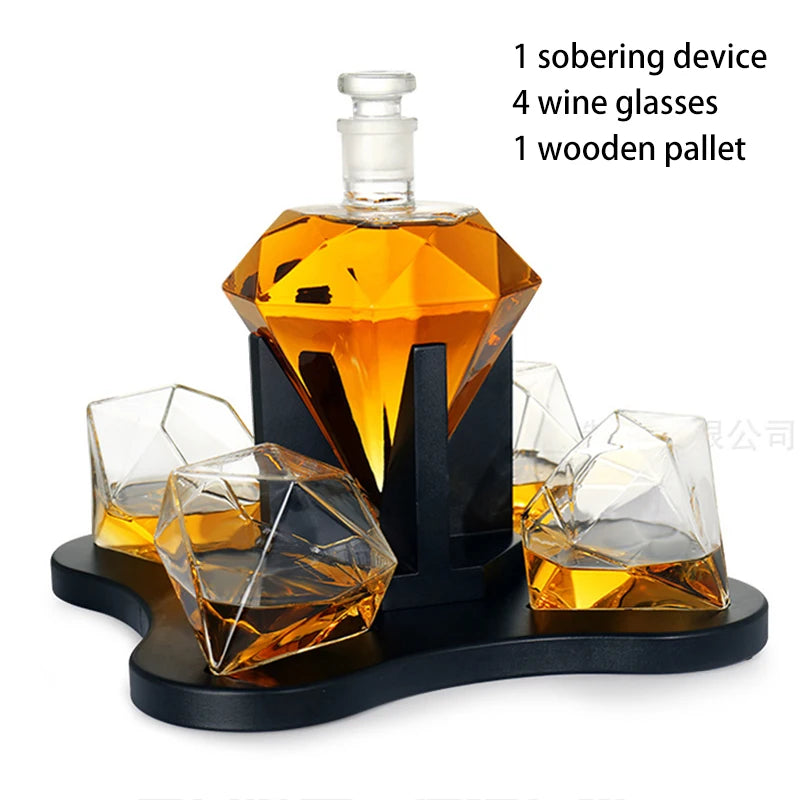 Diamond Whiskey Decanter Set - Lead Free Glass, Mahogany Stand - Corletaria