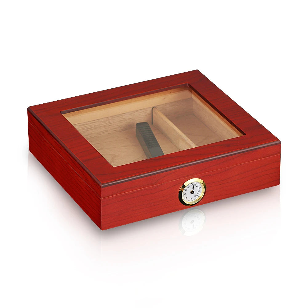 Black exterior humidor with glass-top variant showing cigars and digital hygrometer