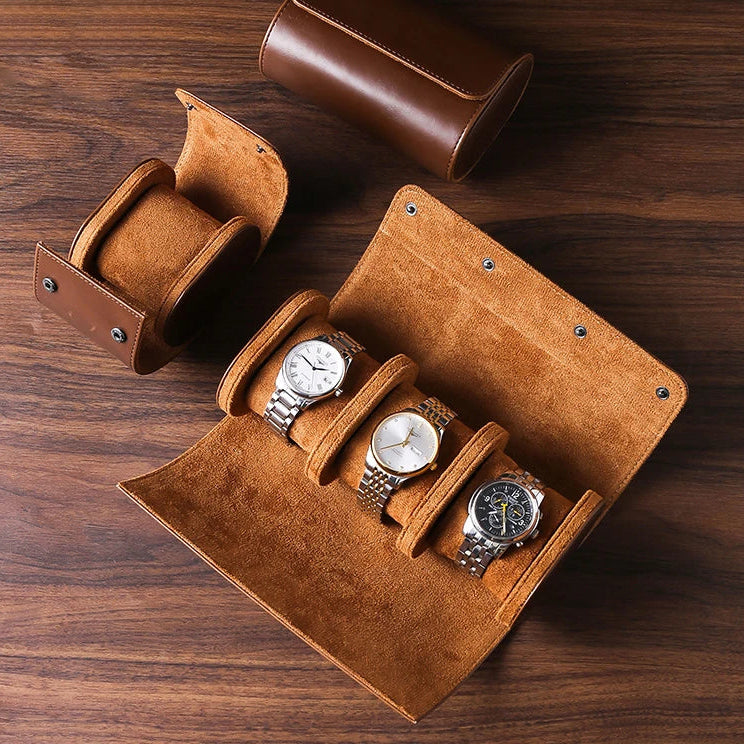 Brown single-slot leather watch roll open with suede pillow