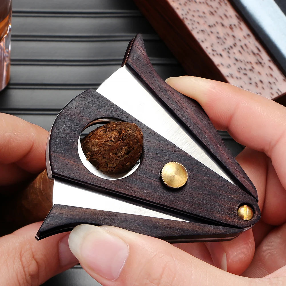 Close-up of sharp stainless blades and wood grip on GALINER cigar cutter
