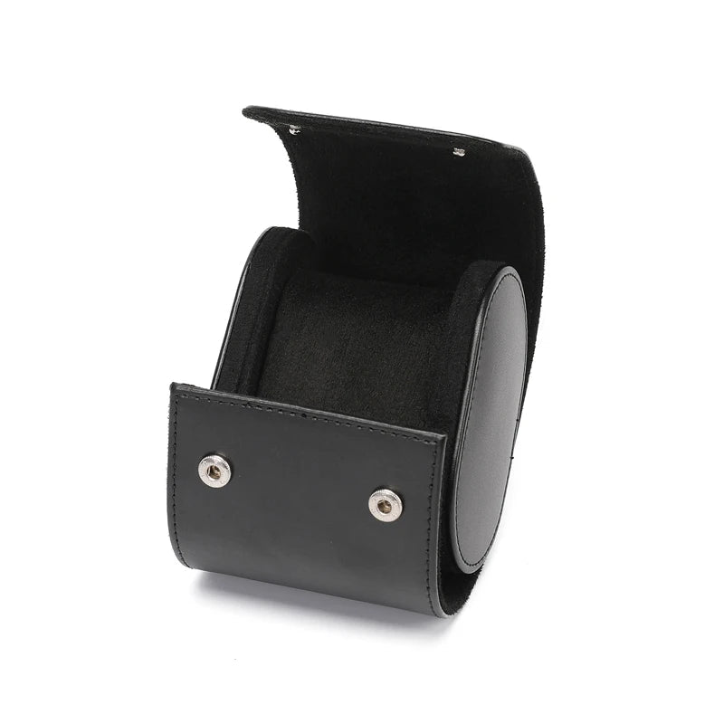 Black leather watch rolls with open single-slot module