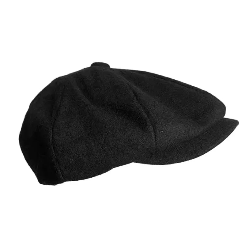 Wool Newsboy Cap - Black Eight Panel Flat Cap - Corletaria
