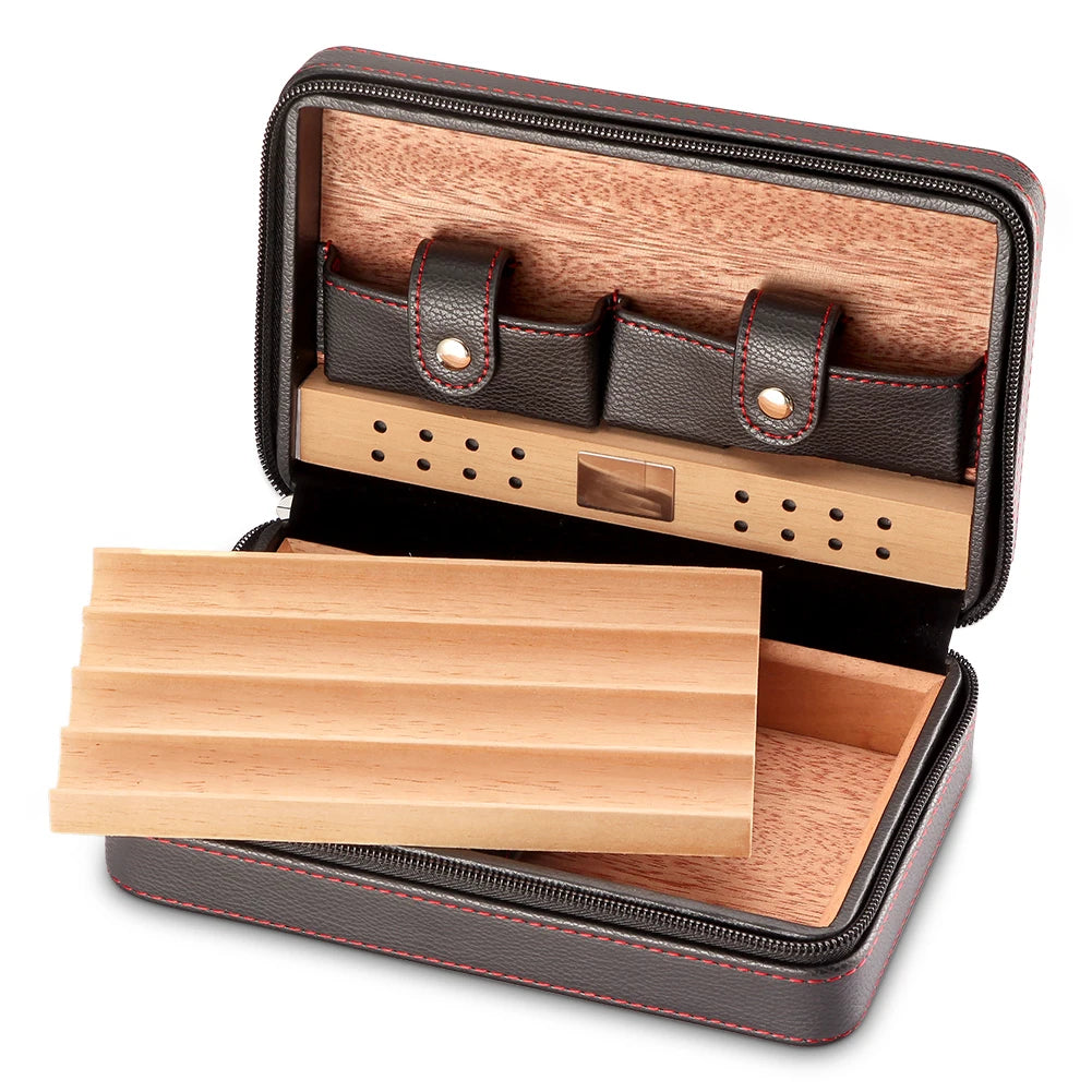 Travel Cigar Humidor – Leather Cedar-Lined 4-Cigar Case Set with Torch Lighter & Cutter – Corletaria