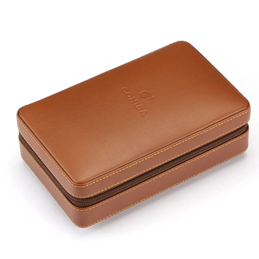 Brown leather travel humidor showing cedar interior and humidifier plate