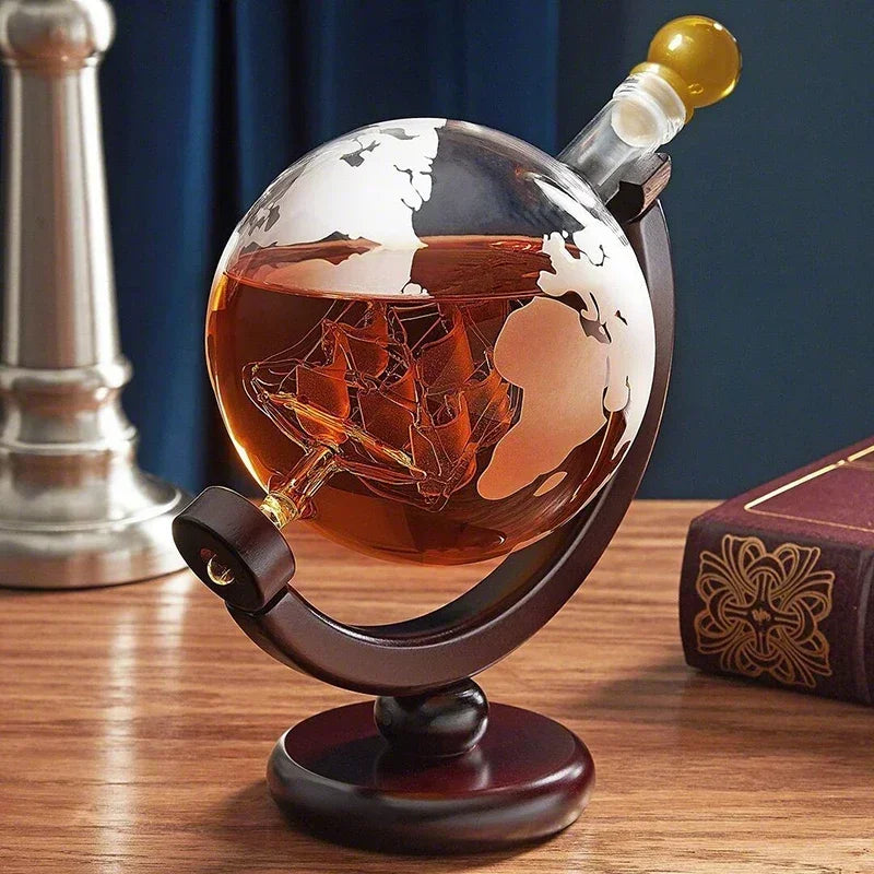 Globe Whiskey Decanter Set - Lead-Free, Mahogany Stand, 2 Etched Glasses