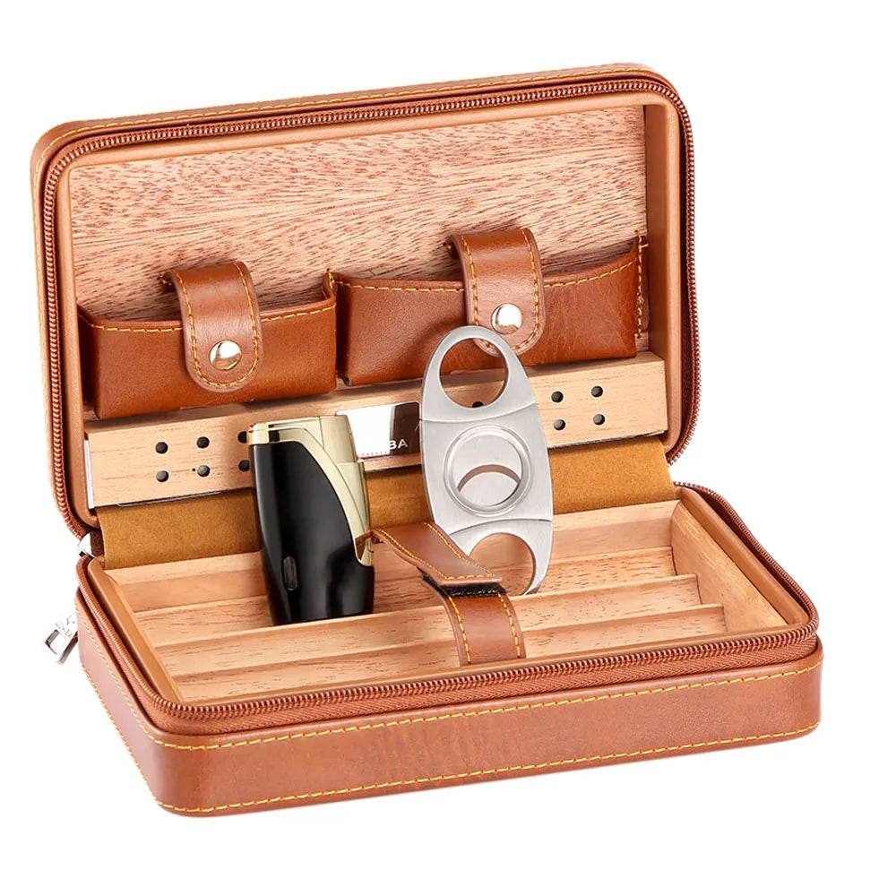 Travel Cigar Humidor – Leather Cedar-Lined 4-Cigar Case Set with Torch Lighter & Cutter – Corletaria