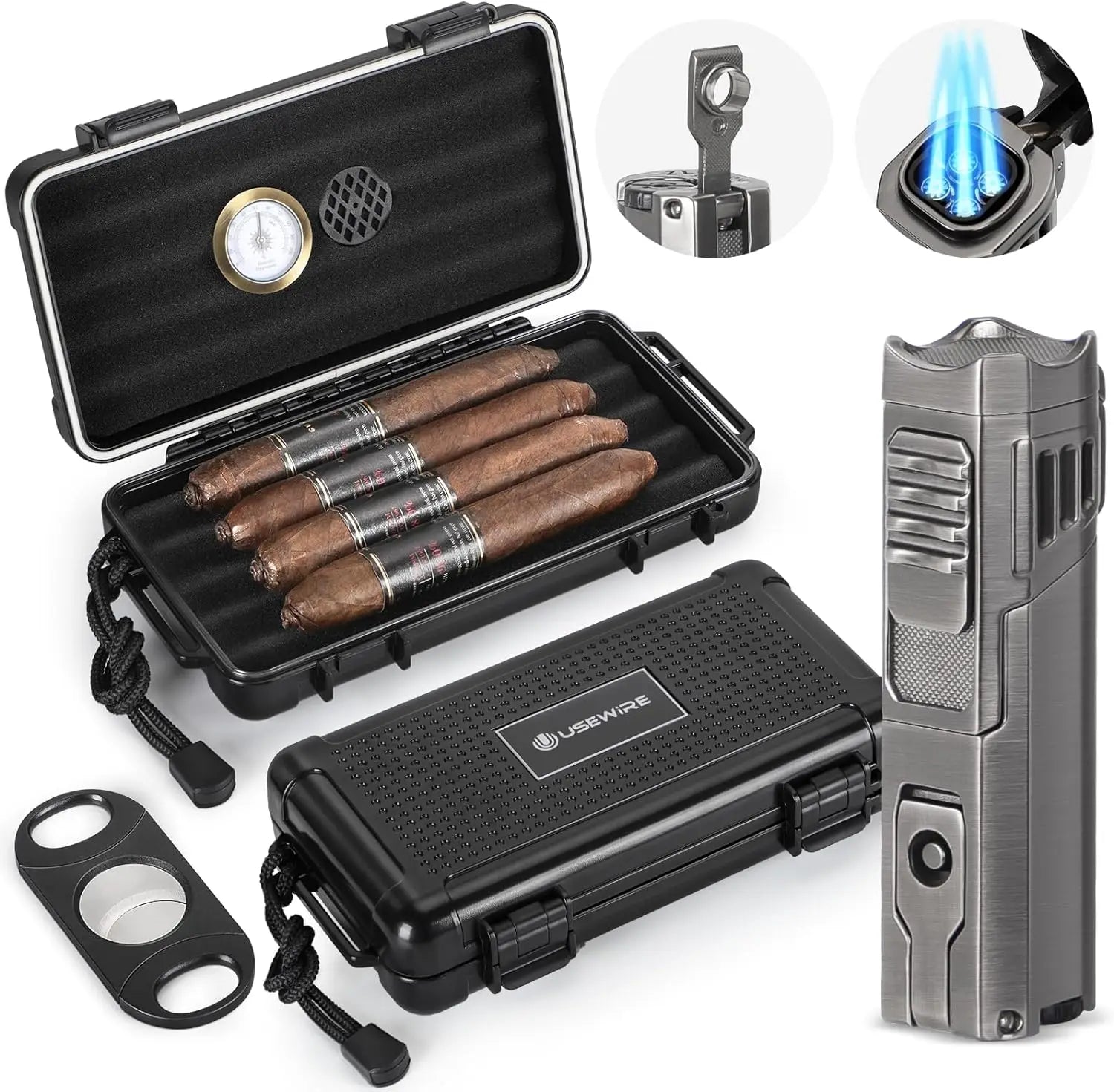 travel cigar humidor set with abs case, lighter and cutter on bar counter