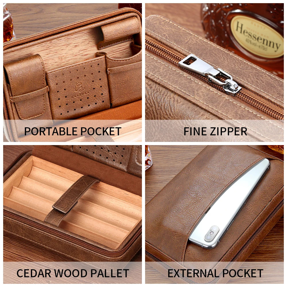 Leather Cigar Humidor Travel Case – Cedar Wood 4-Cigar Holder by GALINER
