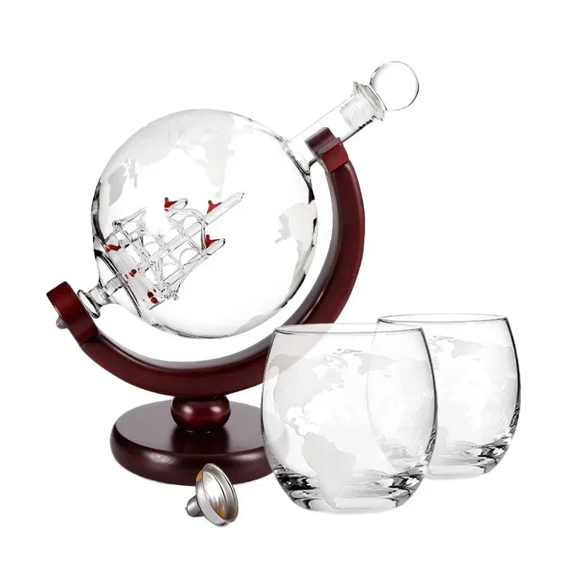 Globe Whiskey Decanter Set - Lead-Free, Mahogany Stand, 2 Etched Glasses