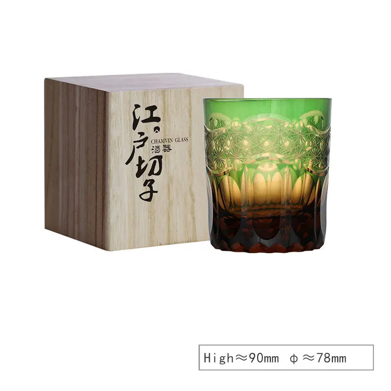 Chamvin “Edo Kiriko Stellar Pulse” Whiskey Glass – Hand-Carved Lead-Free Crystal, Thick Base, Wooden Gift Box (250 ml)