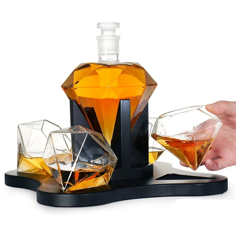 Diamond Whiskey Decanter Set - Lead Free Glass, Mahogany Stand - Corletaria