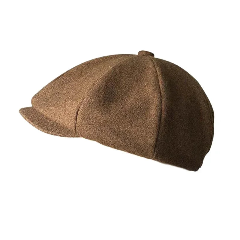 Wool Newsboy Cap - Black Eight Panel Flat Cap - Corletaria