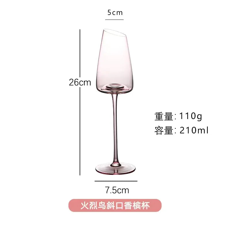 Pink Crystal Wine Glass - Slanted Bowl Goblet - Corletaria