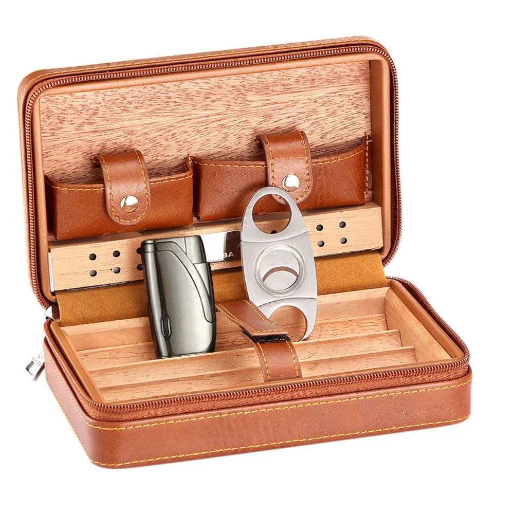 Travel Cigar Humidor – Leather Cedar-Lined 4-Cigar Case Set with Torch Lighter & Cutter – Corletaria