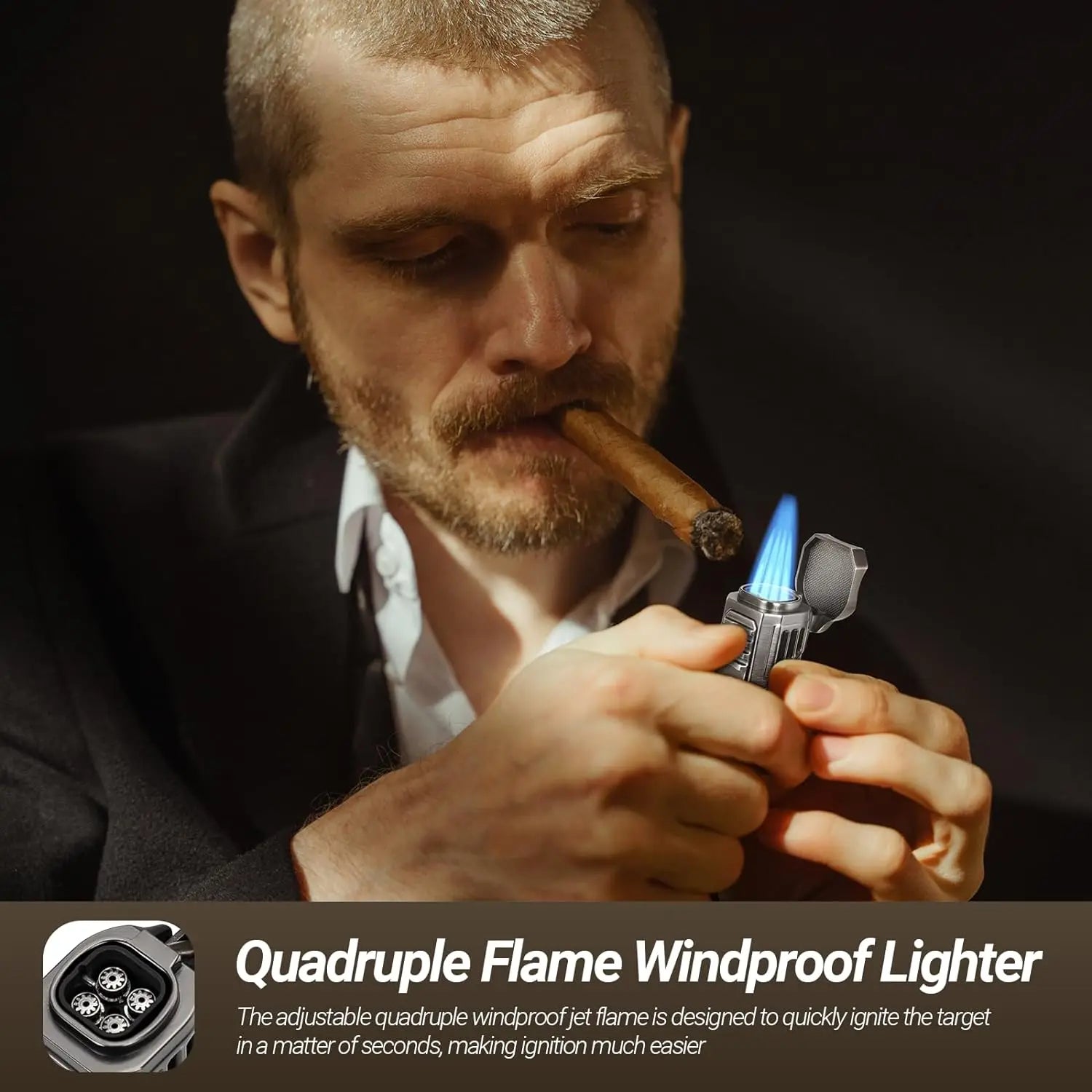 close up of built in cigar punch on metal cigar lighter body