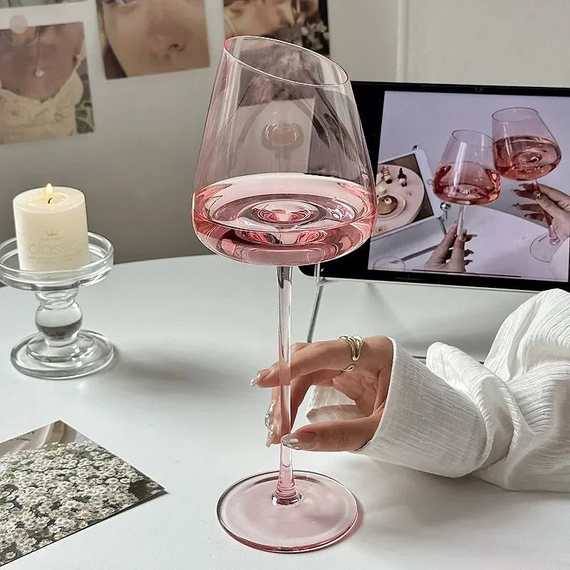 Pink Crystal Wine Glass - Slanted Bowl Goblet - Corletaria