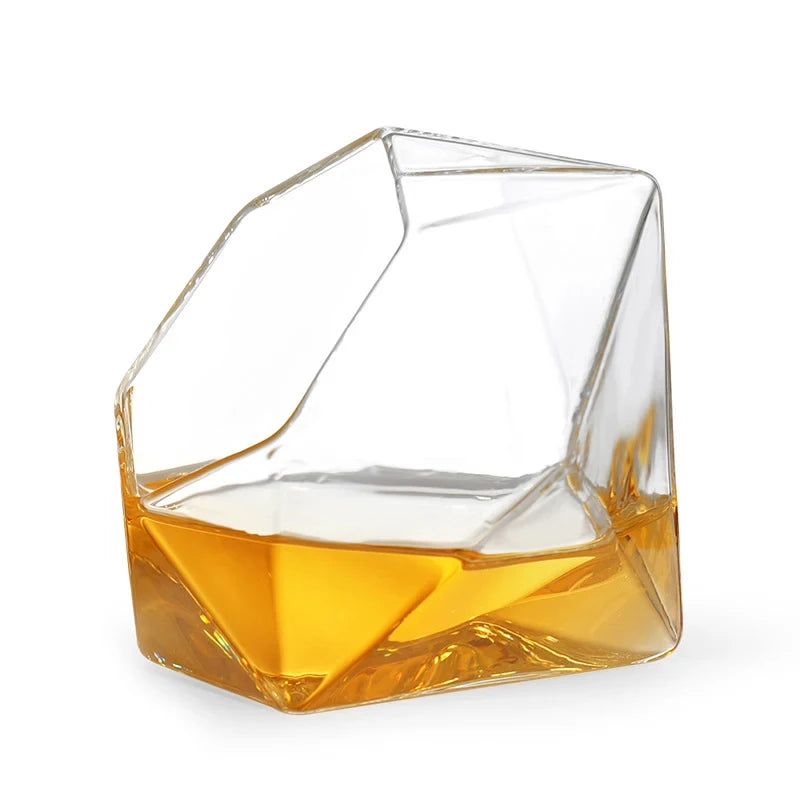 Diamond Whiskey Decanter Set - Lead Free Glass, Mahogany Stand - Corletaria