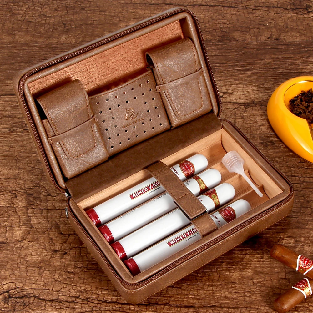 Leather Cigar Humidor Travel Case – Cedar Wood 4-Cigar Holder by GALINER