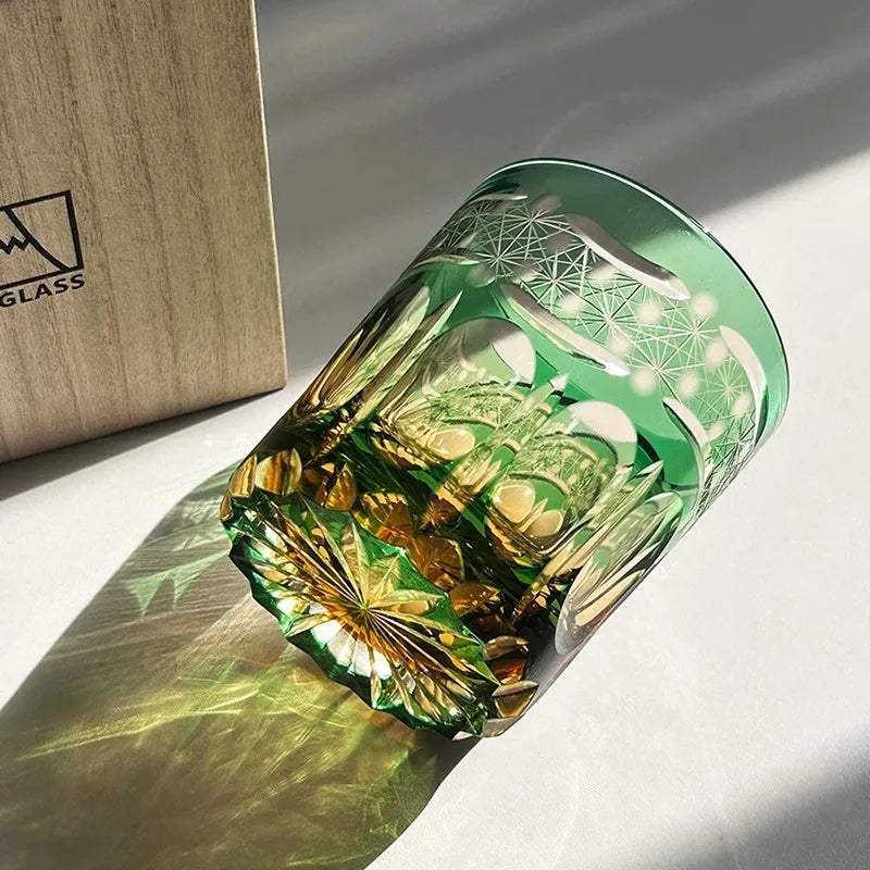 Chamvin “Edo Kiriko Stellar Pulse” Whiskey Glass – Hand-Carved Lead-Free Crystal, Thick Base, Wooden Gift Box (250 ml)