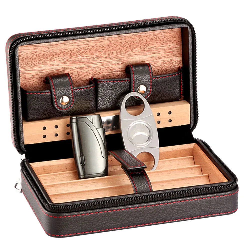 Travel Cigar Humidor – Leather Cedar-Lined 4-Cigar Case Set with Torch Lighter & Cutter – Corletaria