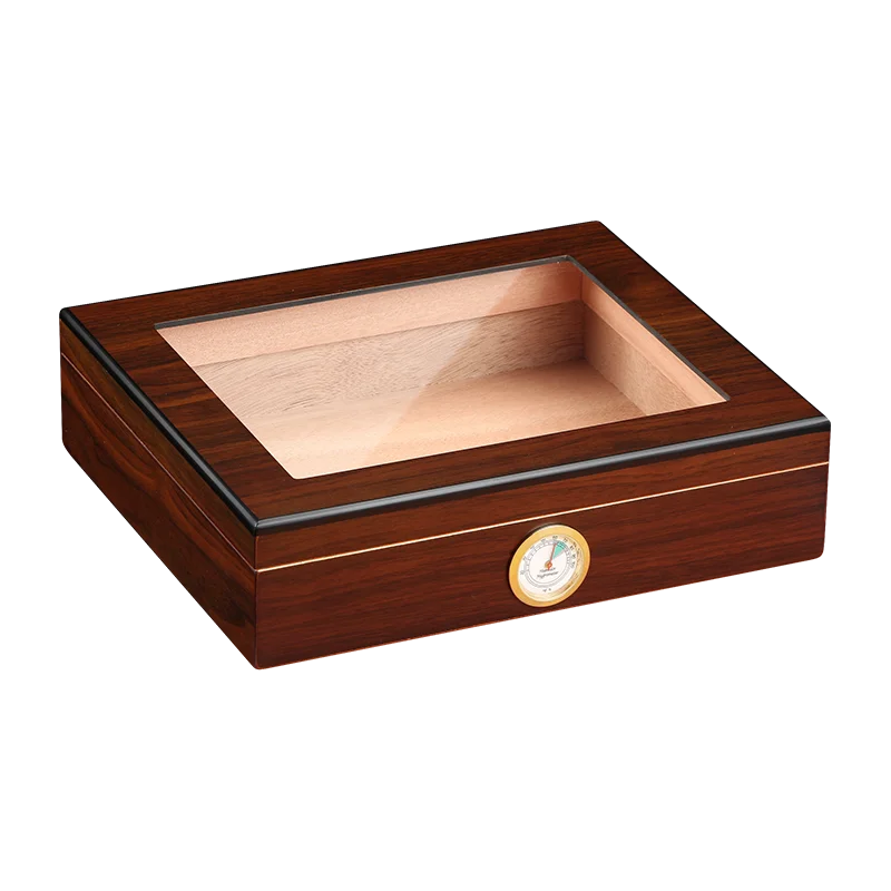 Black exterior humidor with glass-top variant showing cigars and digital hygrometer