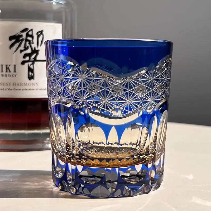 Chamvin “Edo Kiriko Stellar Pulse” Whiskey Glass – Hand-Carved Lead-Free Crystal, Thick Base, Wooden Gift Box (250 ml)