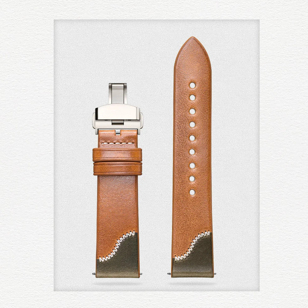 Vintage Leather Watch Strap - Two Tone Full Grain Cowhide, Quick Release Butterfly Clasp