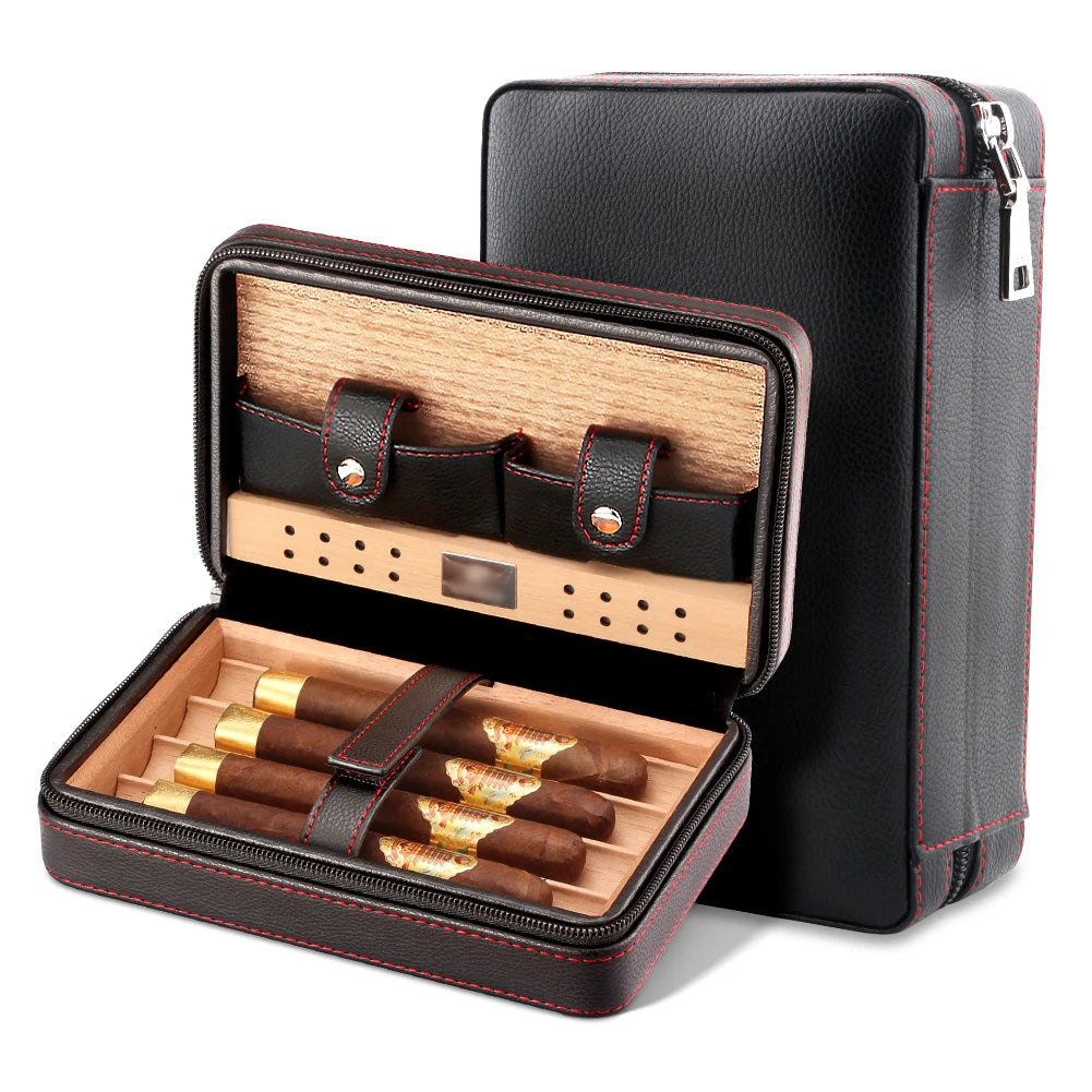 Leather travel cigar humidor in black with Spanish cedar tray and accessories sleeves open